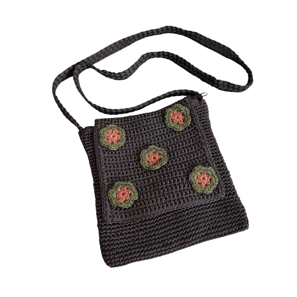Handmade Boho Earthy Crochet‎ Flower Crossbody Flap Bag Dark Brown Hippie